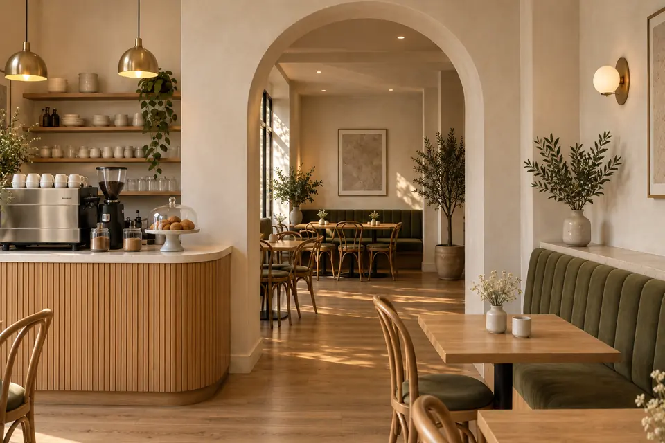 Warm café seating with deep green plants and timber