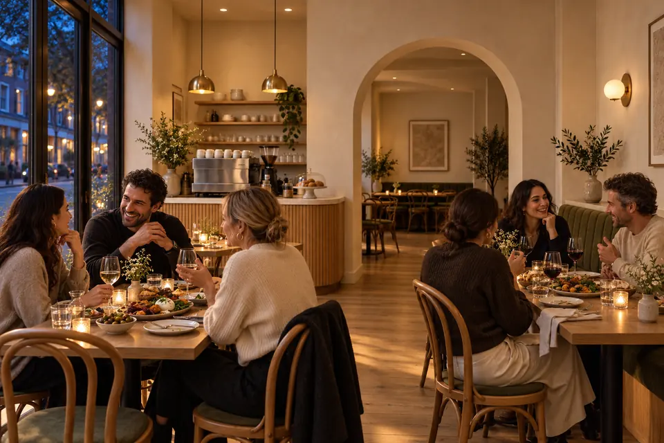 Friends sharing an evening meal in the café