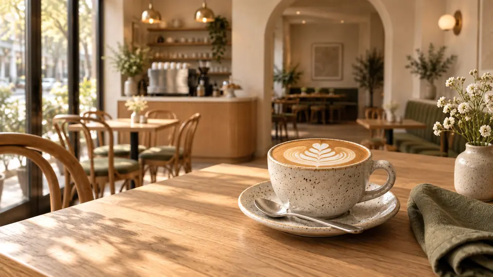 Flat white on an oak table in the warm Moss and Ember café