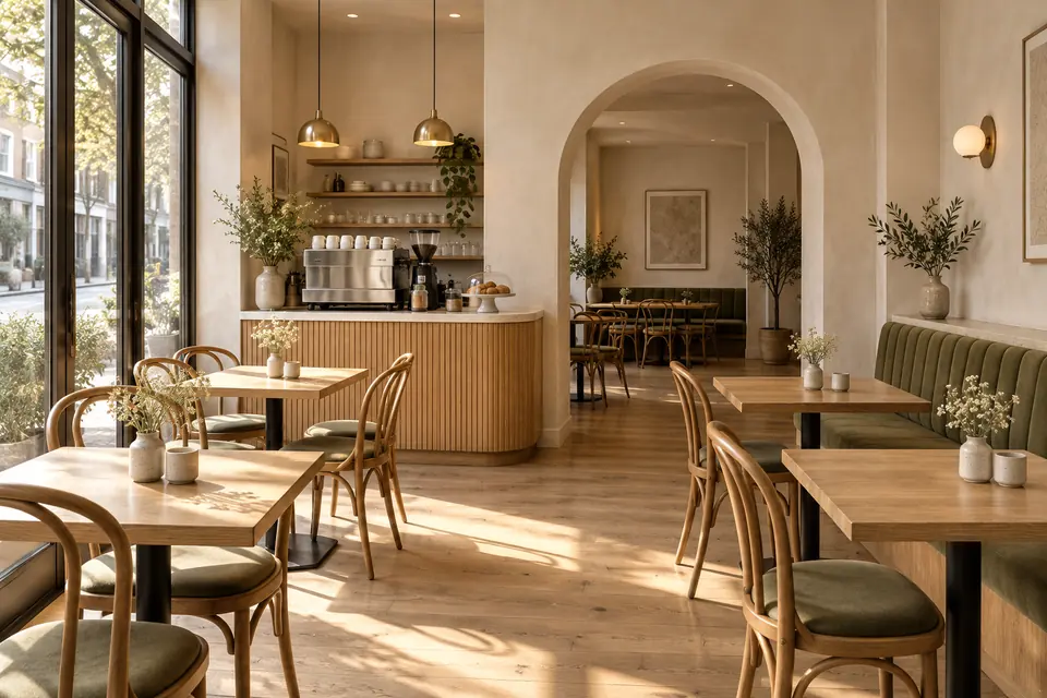 Warm oak tables and olive seating at Moss and Ember