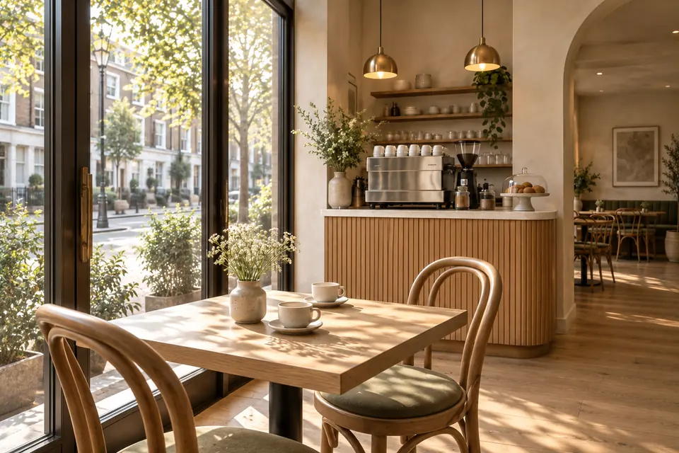 A quiet sunlit table beside the café window